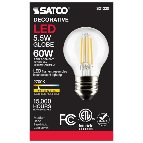 Satco S21220 G16.5 Globe LED Light Bulbs 5.5W 120V 2700K 90 CRI E26 Medium Base Dimmable (6 Pack)