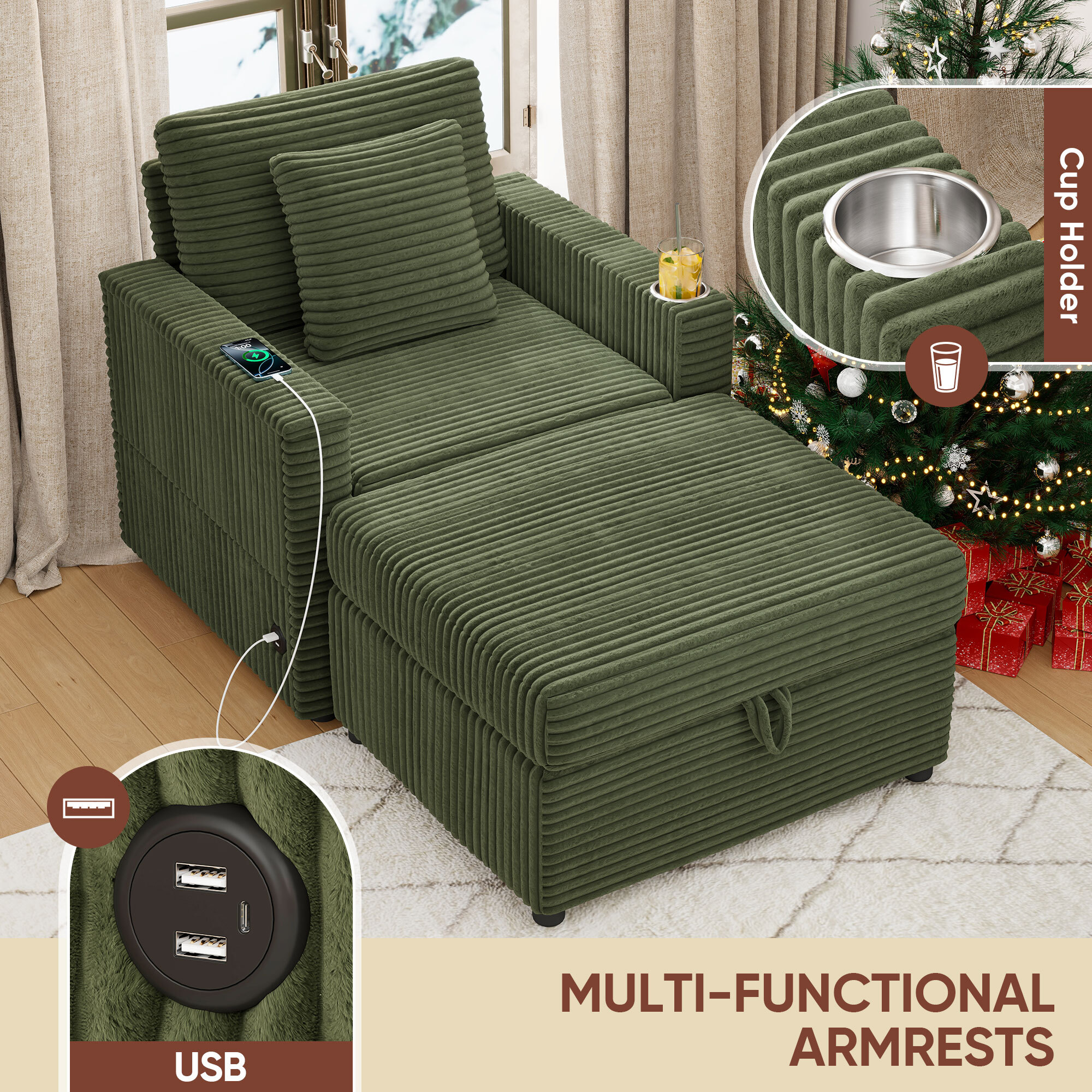 Lunale Accent Chair with Storage Ottoman, Indoor Lounge Chair with USB & Table Board, Cozy Corduroy Sofa Armchair for Living Room, Green