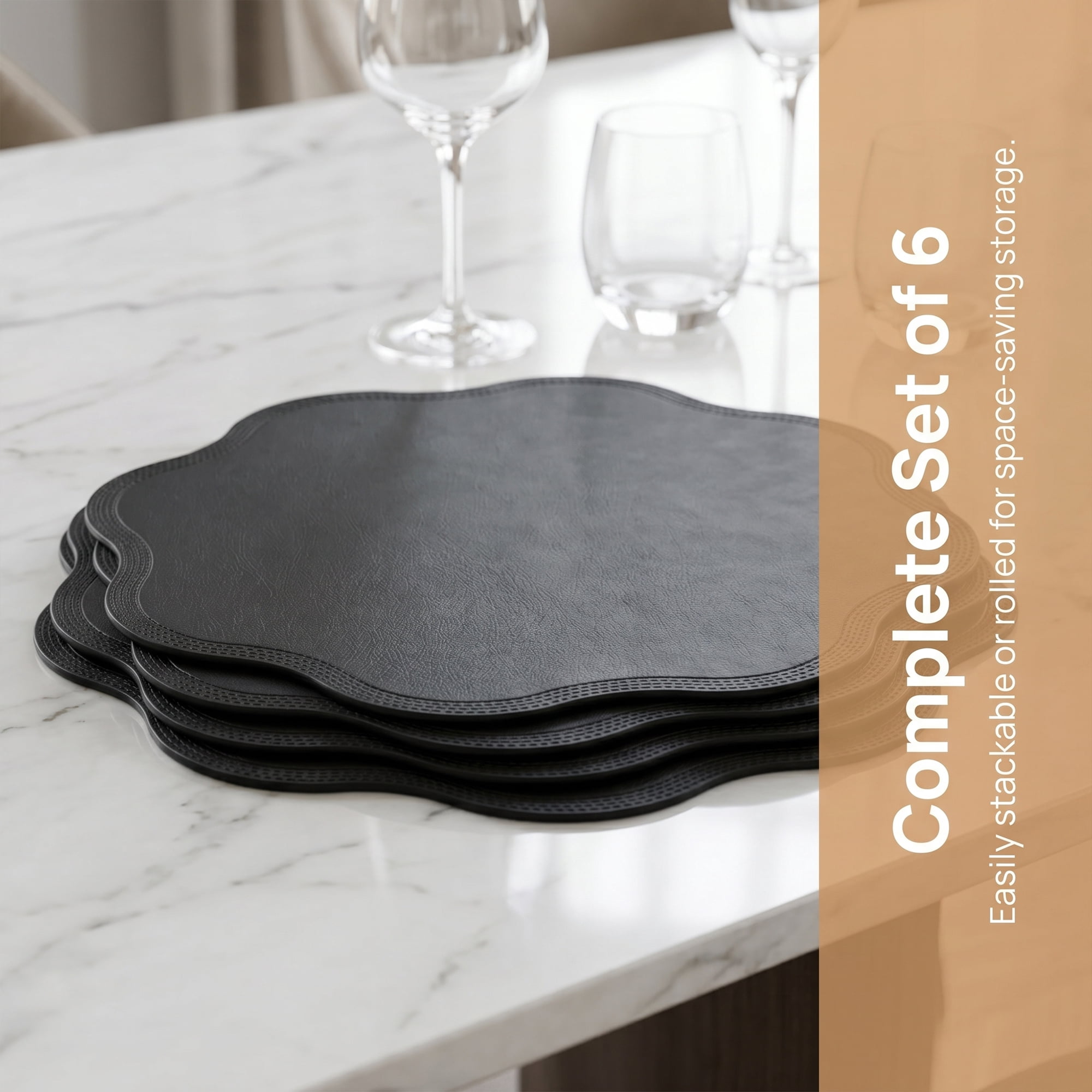 Unique Bargains Set of 6 Faux Leather Placemats for Kitchen Table Decor Black 15"x15"