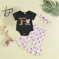 thumbnail image 2 of Xudanell Girls Summer Outfits Sweet Pattern Print Cute Summer Clothes with Romper Flared Bell Bottom Pants and Hairband Black 0-3 Months, 2 of 6