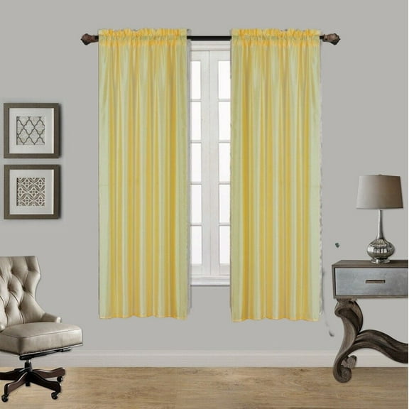 2PC MR2 YELLOW SOLID SILK SEMI SHEER ROD POCKET WINDOW CURTAIN PANEL LIGHT FILTERING 55" W X 63" L EACH PC