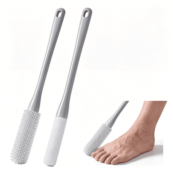 ACDANC Toe Cleaning Brush, 2 Pack 15.7 Inch Long Handle Silicone Toe Gap Cleaner Soft Exfoliating Foot Scrubber for Shower Use Suitable for Seniors Expecting Mothers, Men and Women (Grey)