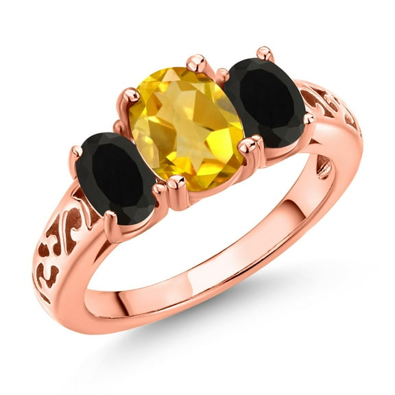 Gem Stone King 18K Rose Gold Plated Silver Yellow Citrine and Black Onyx Filigree Style 3 Stone Ring for Women (2.10 Cttw, Oval 8X6MM and 6X4MM) (Size 6)