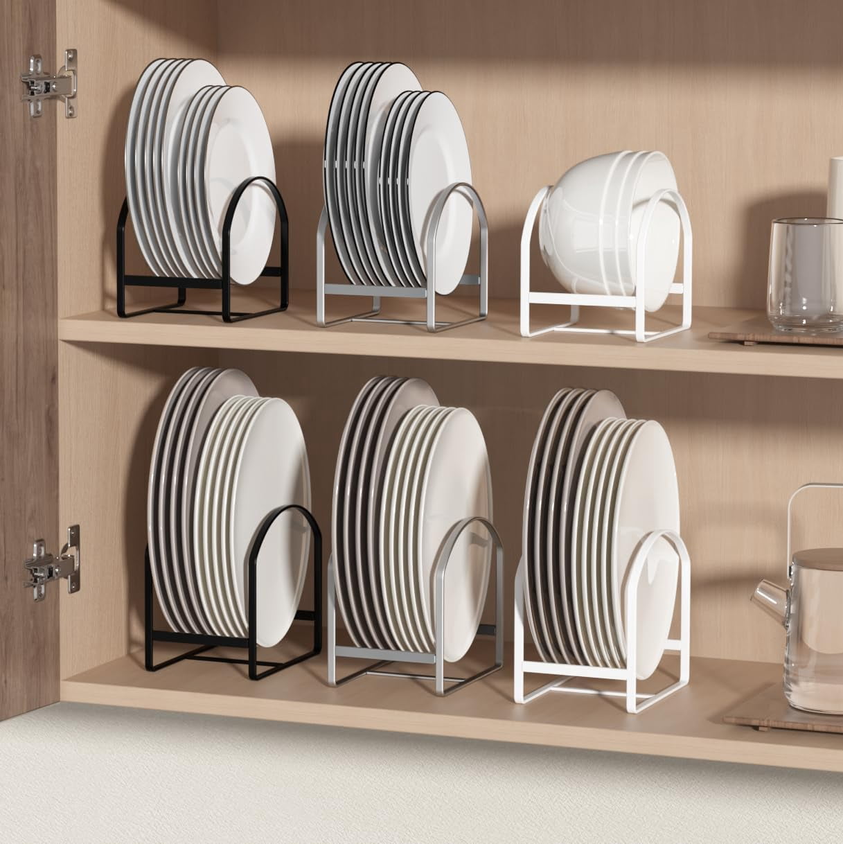 SUNFICON 4 Pack Plate Holder Organizer Large Dish Storage Rack Upright Dish Drying Racks Metal Plate Dish Racks Stand for Cupboard and Countertop-Non-Slip & Rustproof Black,2 Large and 2 Small