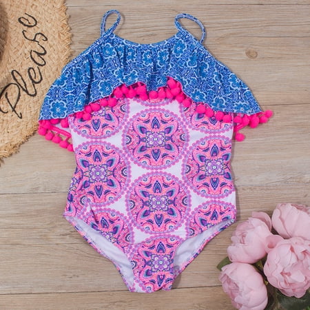 

CHGBMOK Summer Toddler Swimsuit Girls Kids Swimsuit Bohemian Sling Ruffle Hairball Siamese Bathing Suit