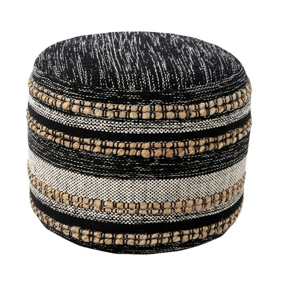 Laddha Home Designs 18" Black and White Boho Striped Handcrafted Round Pouf Ottoman