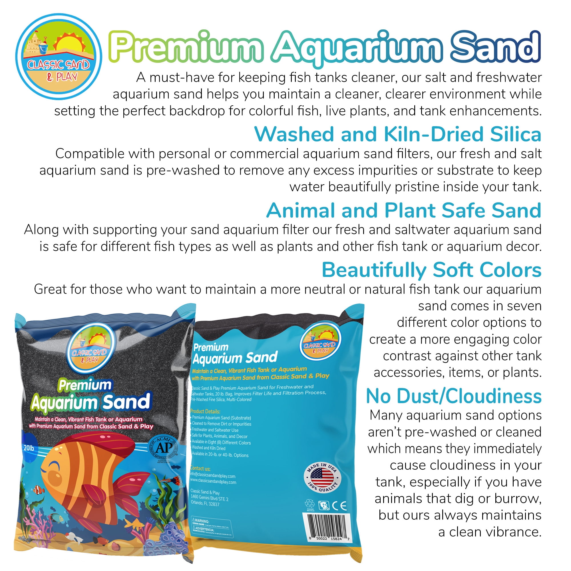 CLASSIC SAND & PLAY Natural Aquarium Sand for Freshwater and Saltwater Tanks, 20 lb. Bag, Improves Filter Life and Filtration Process, Pre-Washed Fine Sand, Black