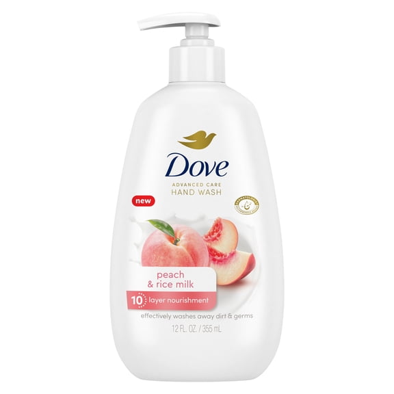 Dove Advanced Care Hand Wash For Washing Away Dirt & Germs While Nourishing Skin 10 Layers Deep, Peach & Rice Milk With Moisture Boost 5X Complex, ,12 fl oz