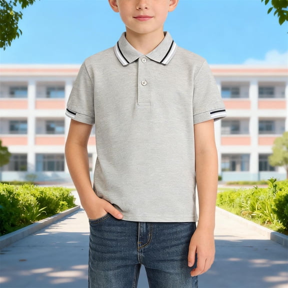 DAETIROS Youth Boys Short Sleeve Polo Shirt Soft Breathable 100% Cotton Classic Fit Tops Heather Gray,Size 11-12 T