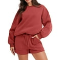thumbnail image 2 of Oversized Sweat Shorts Sets Women Crew Neck Long Sleeve Pullover Sweatshirts Elastic Waist Shorts Matching Sets 2 Piece Outfits Sweatsuits Women’s Solid Tracksuit Red, 2 of 9