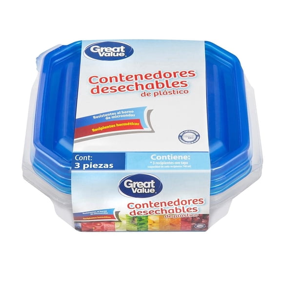 Set de contenedores Great Value cuadrados desechables 3 pzas de 740 ml