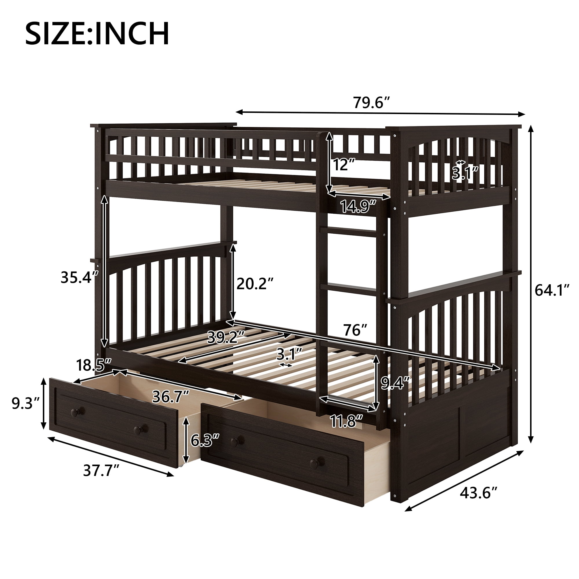 MAYEERTY Twin over Twin Bunk Bed with Drawers, Convertible Beds, Espresso