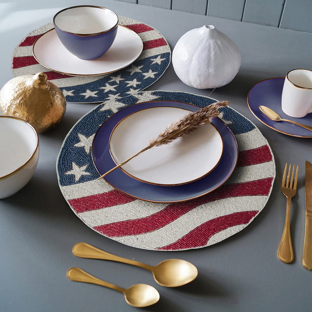 American Flag Beaded Placemats Set of 8 - 4th of July Patriotic Freedom Stars Independence and Memorial Day Heat Stain Resistant Table Place Mats for Kitchen Dining Table Home Decor - 14 Inches