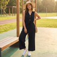 thumbnail image 5 of Women's Summer Cotton Linen Jumpsuits Loose V Neck Button Down Drawstring Wide Leg Pants Rompers Overall with Pockets, 5 of 5
