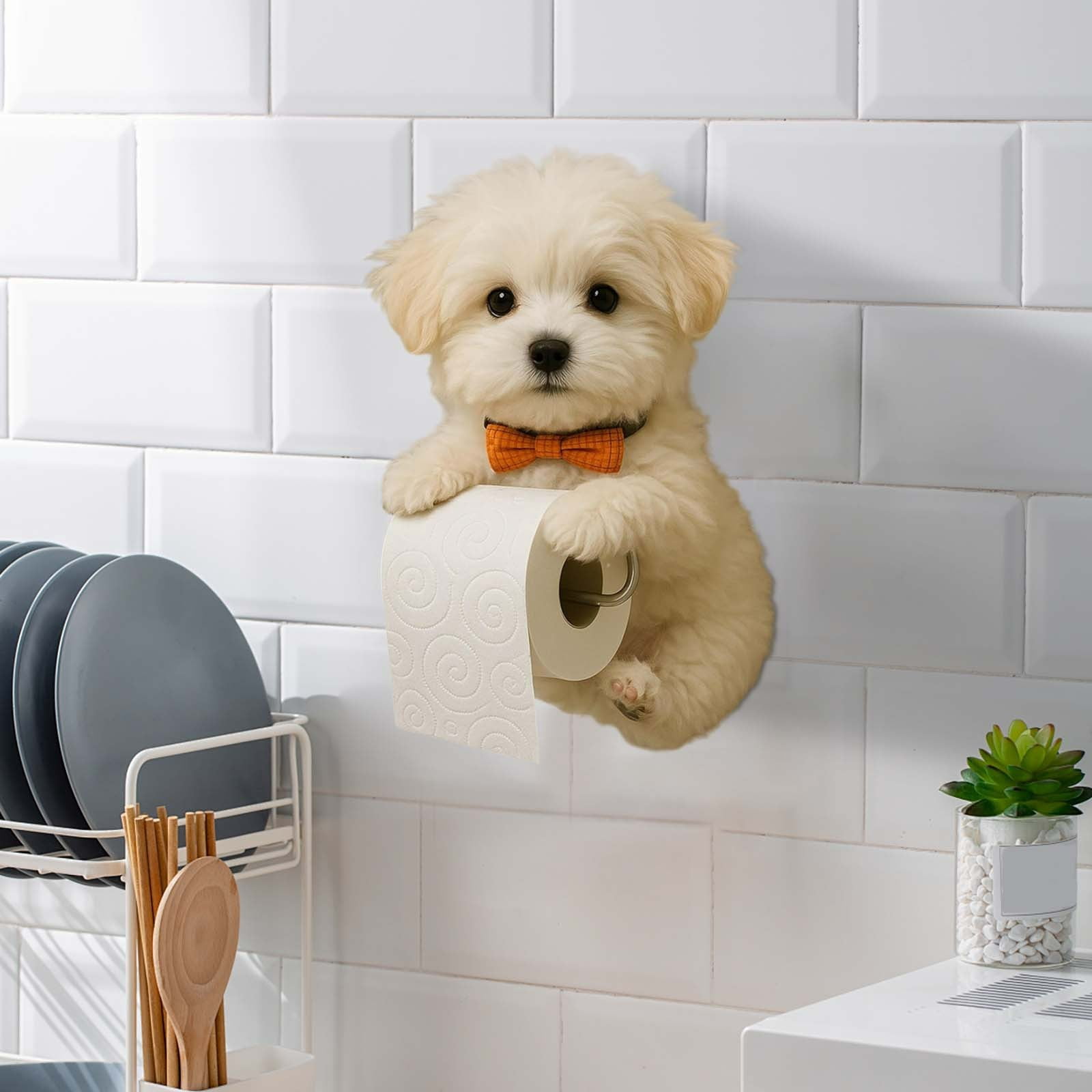 Dog Toilet Paper Holder Wall Mounted Realistic Resin Dog Decor Bathroom Tissue Dispenser Cute Puppy Paper Towel Holder for Pet Lovers Home Decor