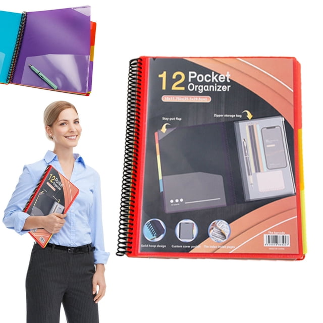 12 Pocket Poly Project Organizer Round Tab Multi Pocket Folder With Zipper Pouch Letter Size For School Home Office