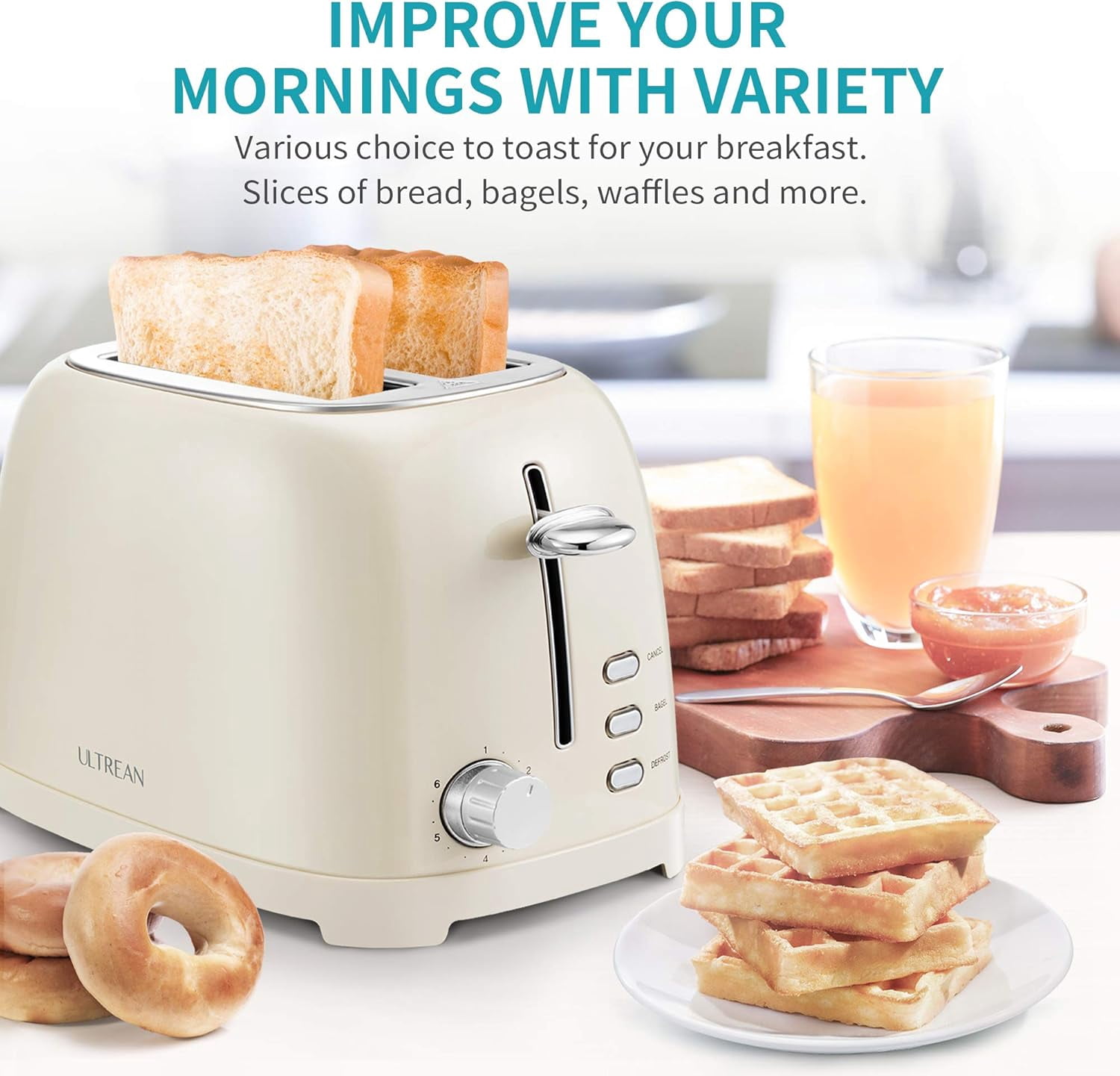 Ultrean 2 Slice Toaster with Extra Wide Slot, Retro Stainless Steel Toaster, Small Cute Toaster with Removable Crumb Tray, 6 Browning Settings, Cancel, Bagel, Deforest Functions, 825 W, White Cream