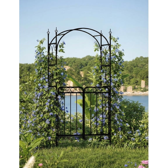 Accreate 8FT Metal Garden Arbor with Gate, Outdoor Archway Trellis for Climbing Roses, Vines, Backyard, Patio & Wedding Decor, Black