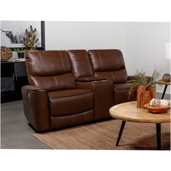JERFIT Modern Power Reclining Loveseat with USB Charger, Center Console and Cup Holders, Upholstered Saddle Brown Faux Leather for Living Room