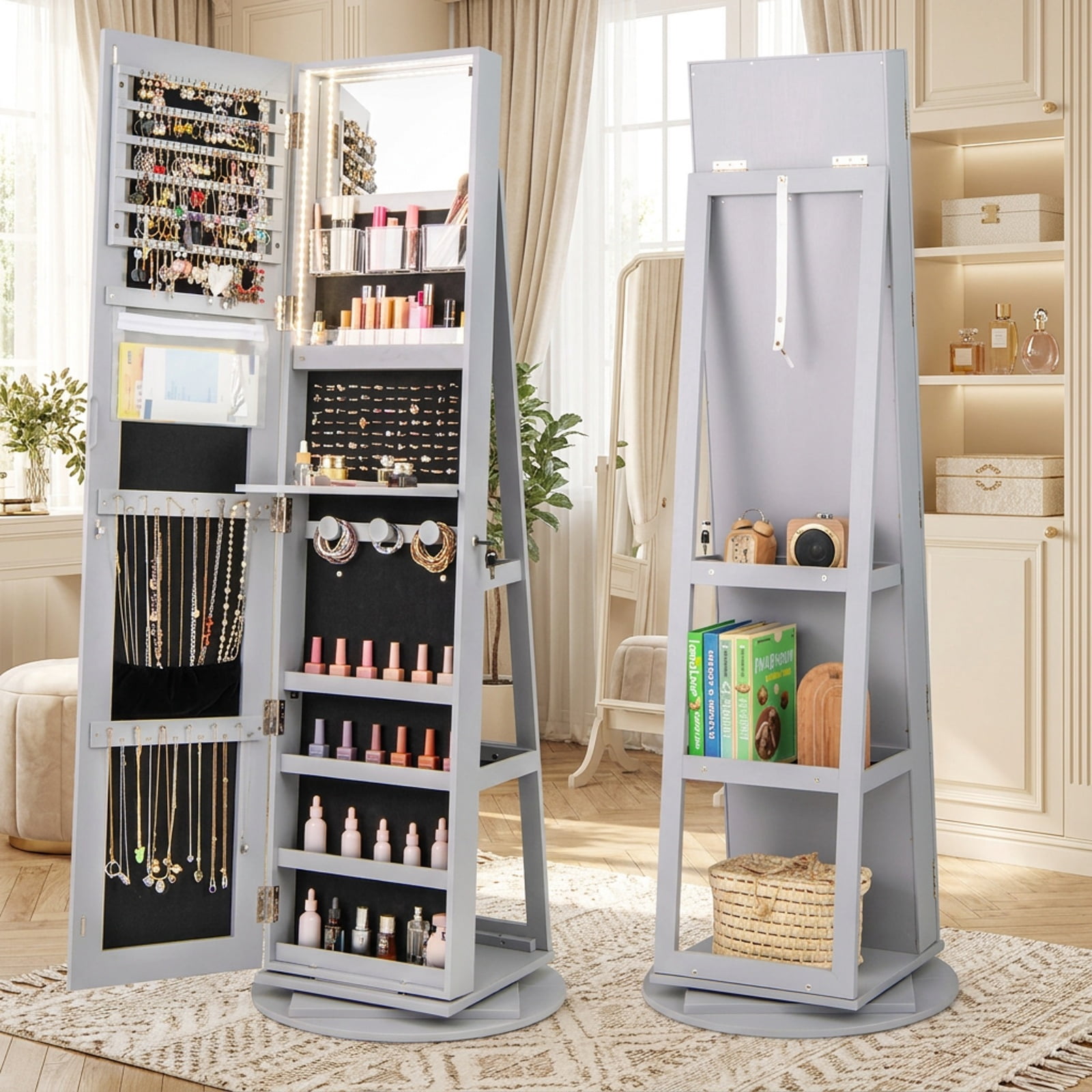Furnibear 360° Rotating Mirrored Jewelry Cabinet Armoire 3 Color LED Modes Lockable for Bedroom Dressing Room Jewelry Necklace Rings Storage, Gray