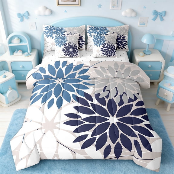 Manfei Minimalist Dahlia Bed in a Bag Twin Size,Flower Leaves Bed Set,White Gray Blue Bedding Twin Size,Lightweight Room Decorative,7 Pieces