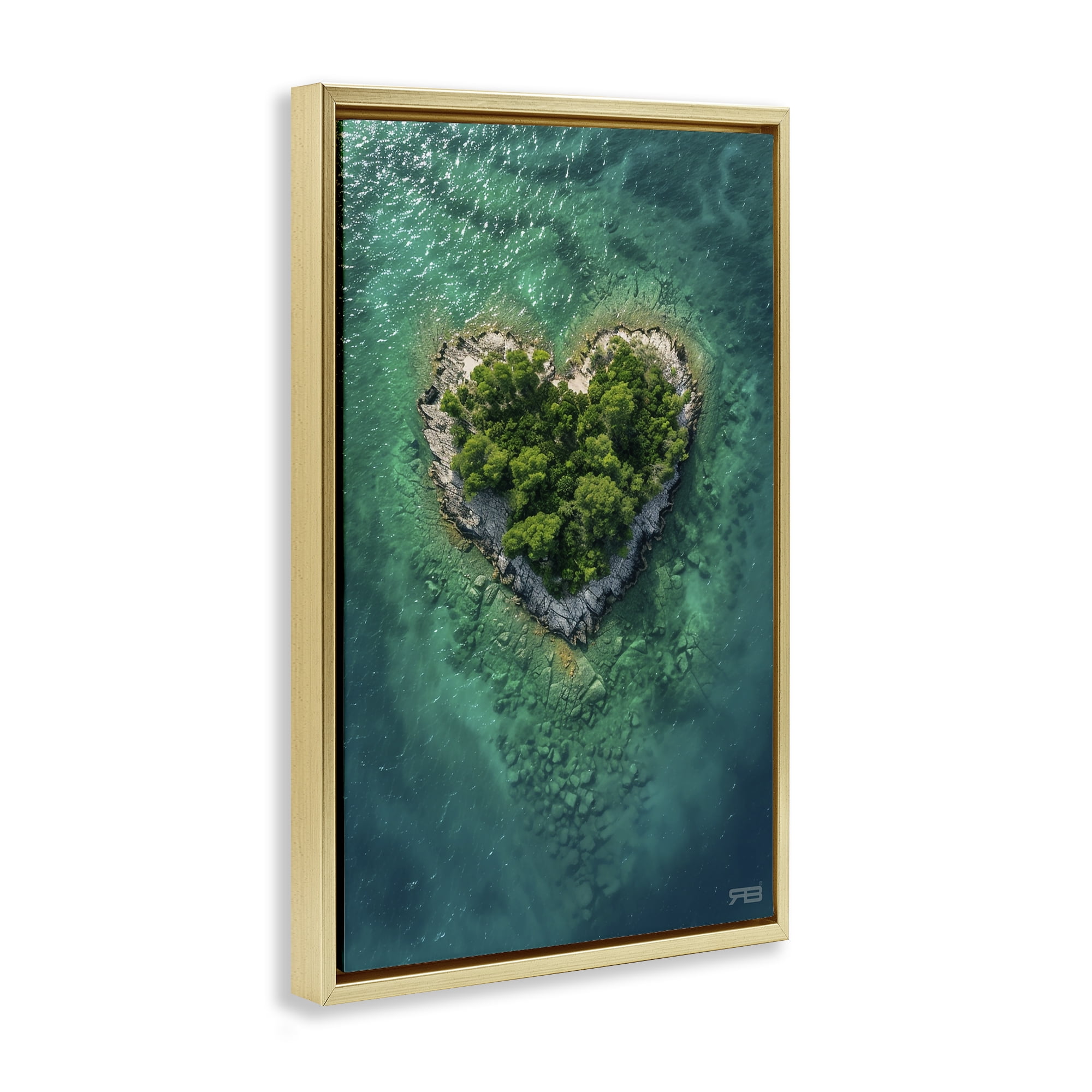 Stupell Industries Heart Shaped Island Landscape & Nature Painting Gold Floater Framed Canvas Art Print Wall Art, 17 x 25