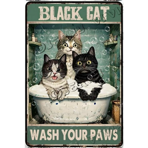 Black Cat Wash Your Paws Funny Cat Bathroom Signs, Black Cat Wash Your Paws Print, Funny Cat Bathroom Decor Wall Art for Home Office Dorm Hotel Apartment Cafes, Cat Gifts 5.5x8 Inches