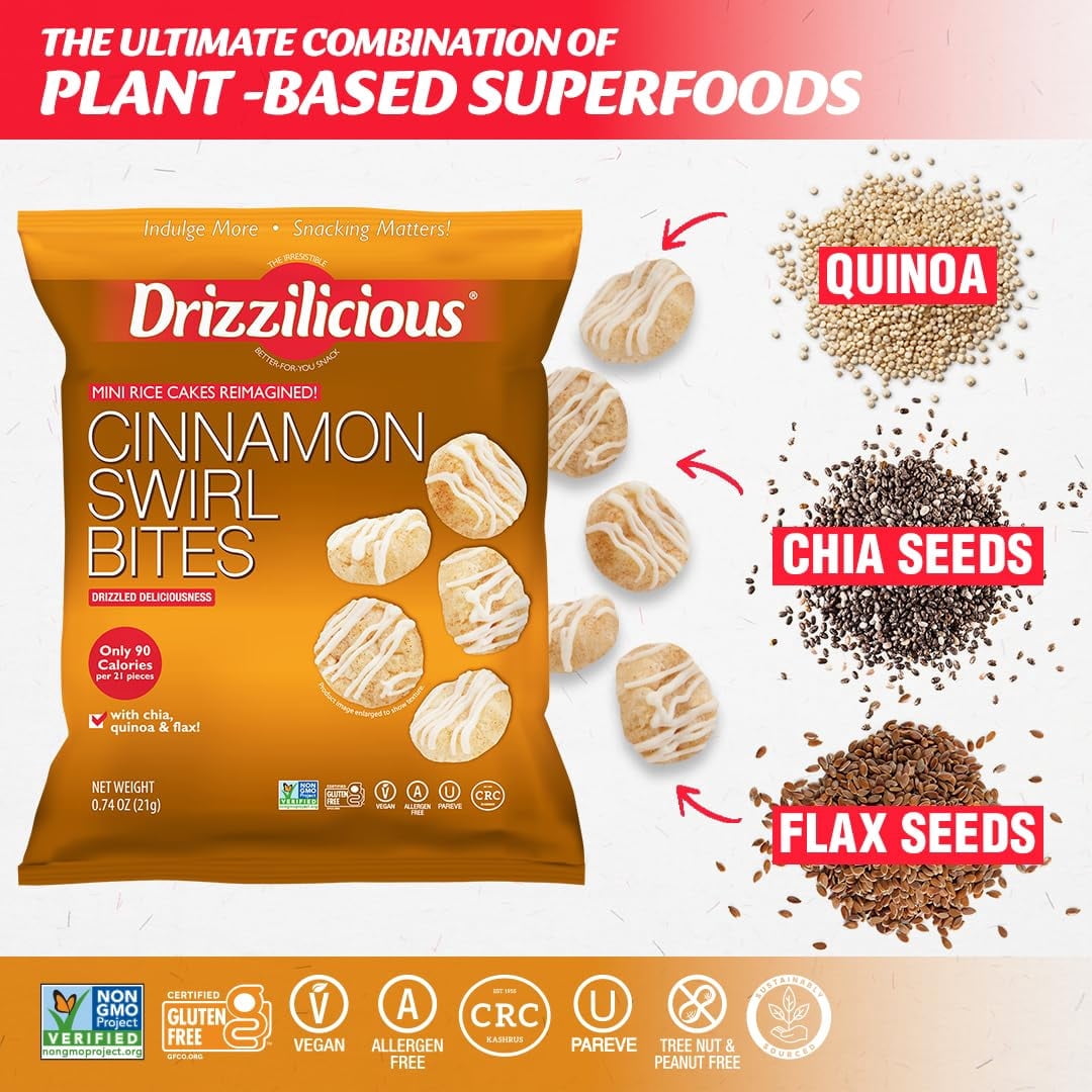 Drizzilicious Mini Rice Cakes, Cinnamon Swirl Flavored Rice Cake Gluten Free Snacks, Rice Crisps 10-Pack