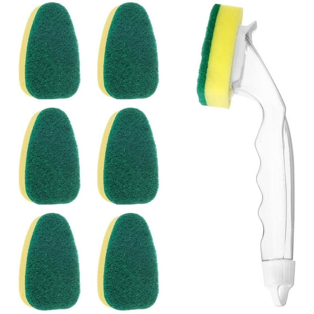 Varilla para lavar platos de alta resistencia, 1 varilla para lavar platos con 7 cabezales de repuesto, esponja para lavar platos con mango, esponja para fregar para cocina, fregadero, baño, cepillo