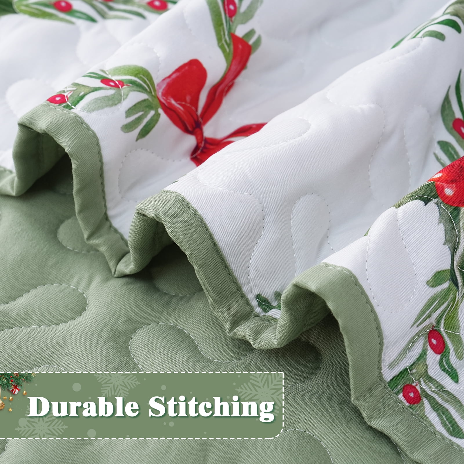 BLEUM CADE Christmas Quilts Queen Size 3 Piece, Bow & Festive Foliage Quilts Bedding Set, Christmas Decor Super Soft Bedspread Coverlet Set (1 Quilt, 2 Pillow Cases)