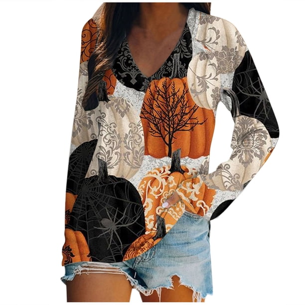 Camisetas con cuello en V para mujer Camisetas con estampado de Halloween Camiseta de manga corta Blusa Tops Fridja bvmnju3448