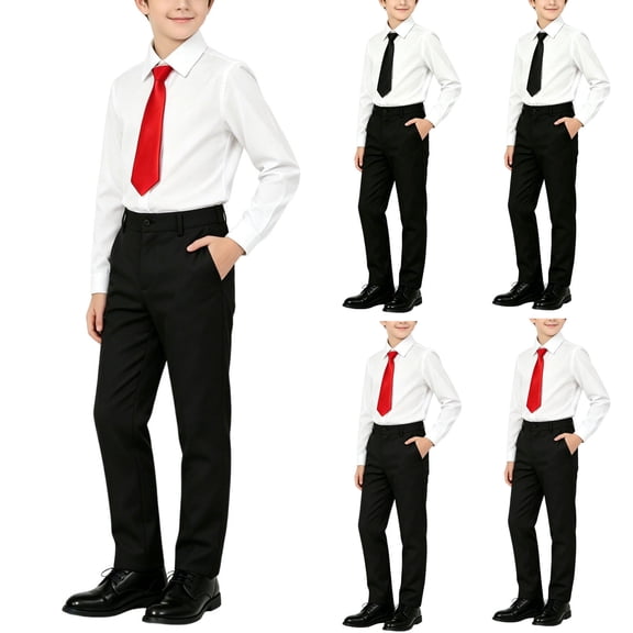 Fengqque 3 Piece Set Boys formal Outfit Set Long Sleeve White Dress Shirt Tie Dress Pants Performance Wedding Suit Red 14-15Years