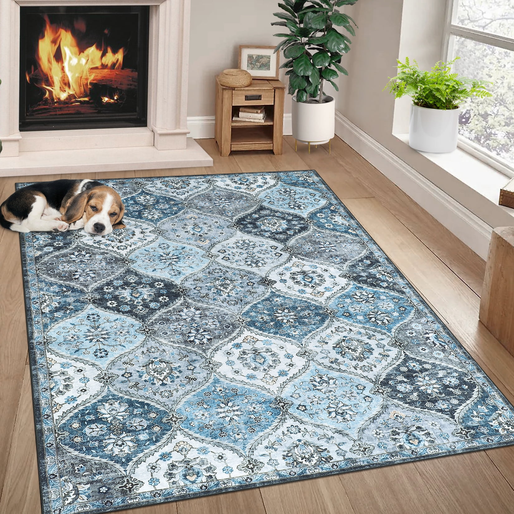 HOMERRY Indoor Washable 4' x 6' Area Rug Moroccan Trellis Floral Rug for Living Room Non-Slip Floor Carpet for Bedroom, Blue