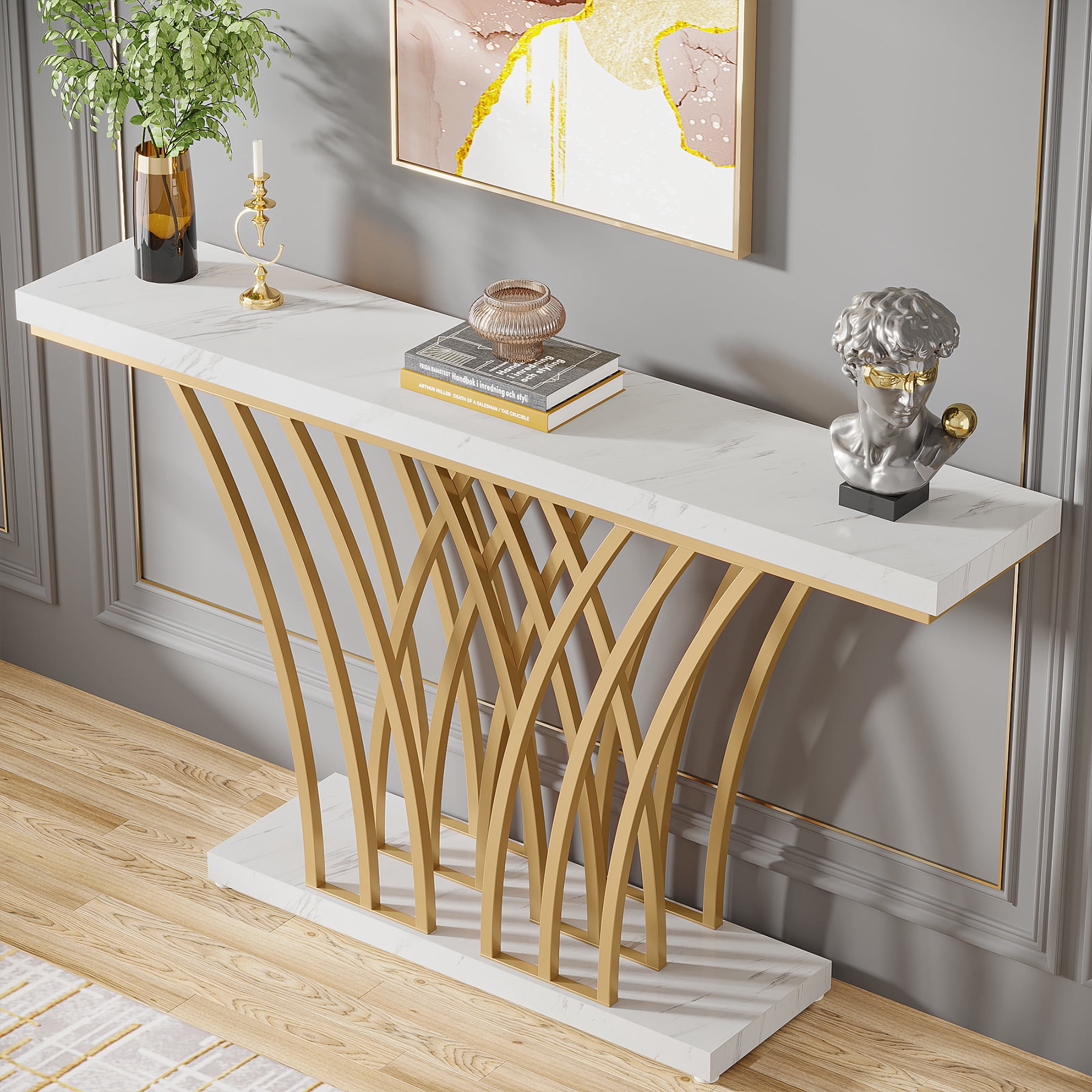 Tribesigns Modern Faux Marble Console Table, 59" Narrow sofa Entryway Tables with Metal Base for Living Room, Hallway and Foyer,White & Gold