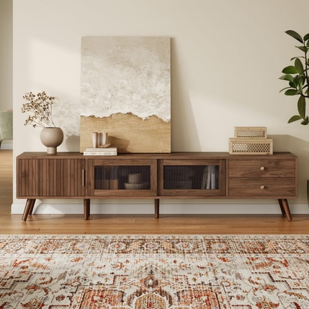 76 Inch Modern Minimal TV Stand for 85 Inch TV, Entertainment Center with Glass Doors and Storage Cabinets, TV Media Console Table for Living Room, Natural Wood