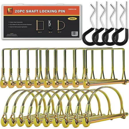 Wellmax 20 Pcs Shaft Locking Pin in 1/4 Diameter Zinc-Plated Heavy Duty Safety Pins, Bonus 4 Pcs Heavy Duty Trailer Hitch Pin for Trailer Lock and Hitch Pin Lock for Farm Lawn Garden Wagons Gold
