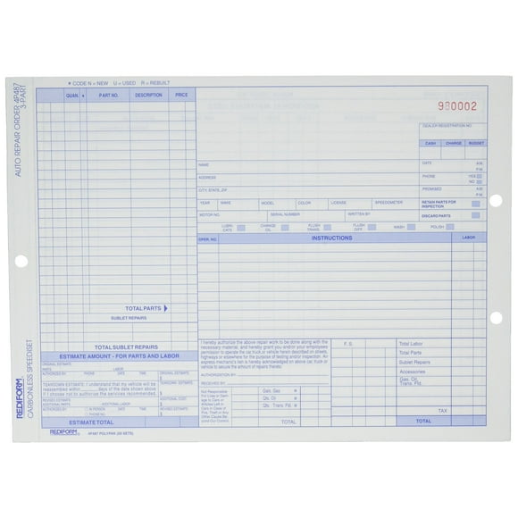 Auto Repair Forms Rediform, sin carbono, triplicado, 50 hojas