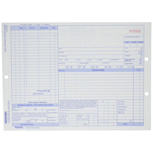Auto Repair Forms Rediform, sin carbono, triplicado, 50 hojas