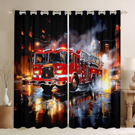 Erosebridal Boys Fire Engine Black Out Curtains, Truck Car Curtains Pack of 2 (42x63 Each), Black Red