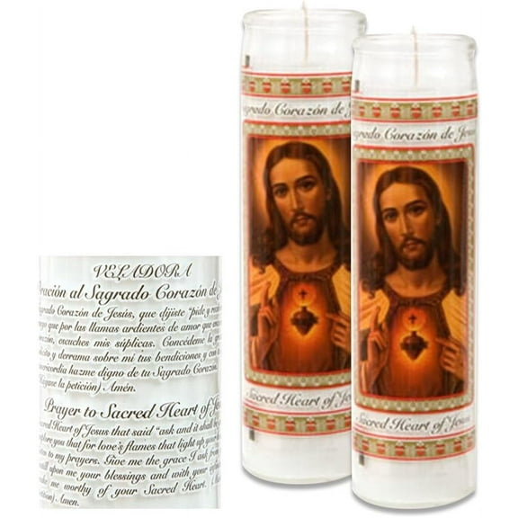 Catholic Prayer Candles Set Of 2 Religious Candles Real Wax (White Poured, Unscented) Candles Extra Long Burn Time Prayer Printed On Each Candle Church Vigil Devotional (Pack of 2)