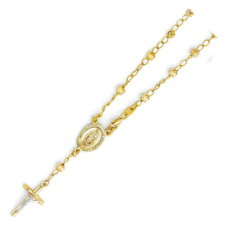 14K Yellow Gold 4mm Moon Faceted Ball Virgen Guadalupe Rosary 7.25