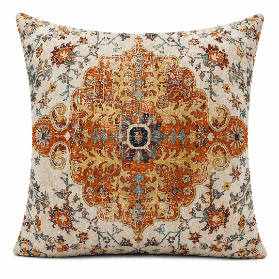 Set of 2 Vintage Persian Rug Throw Pillow Covers 18x18 Inch, Double-Sided Printed Faux Linen Decorative Pillow Cases, Bohemian Oriental Floral Cushion Covers for Couch Sofa Bed Living Room