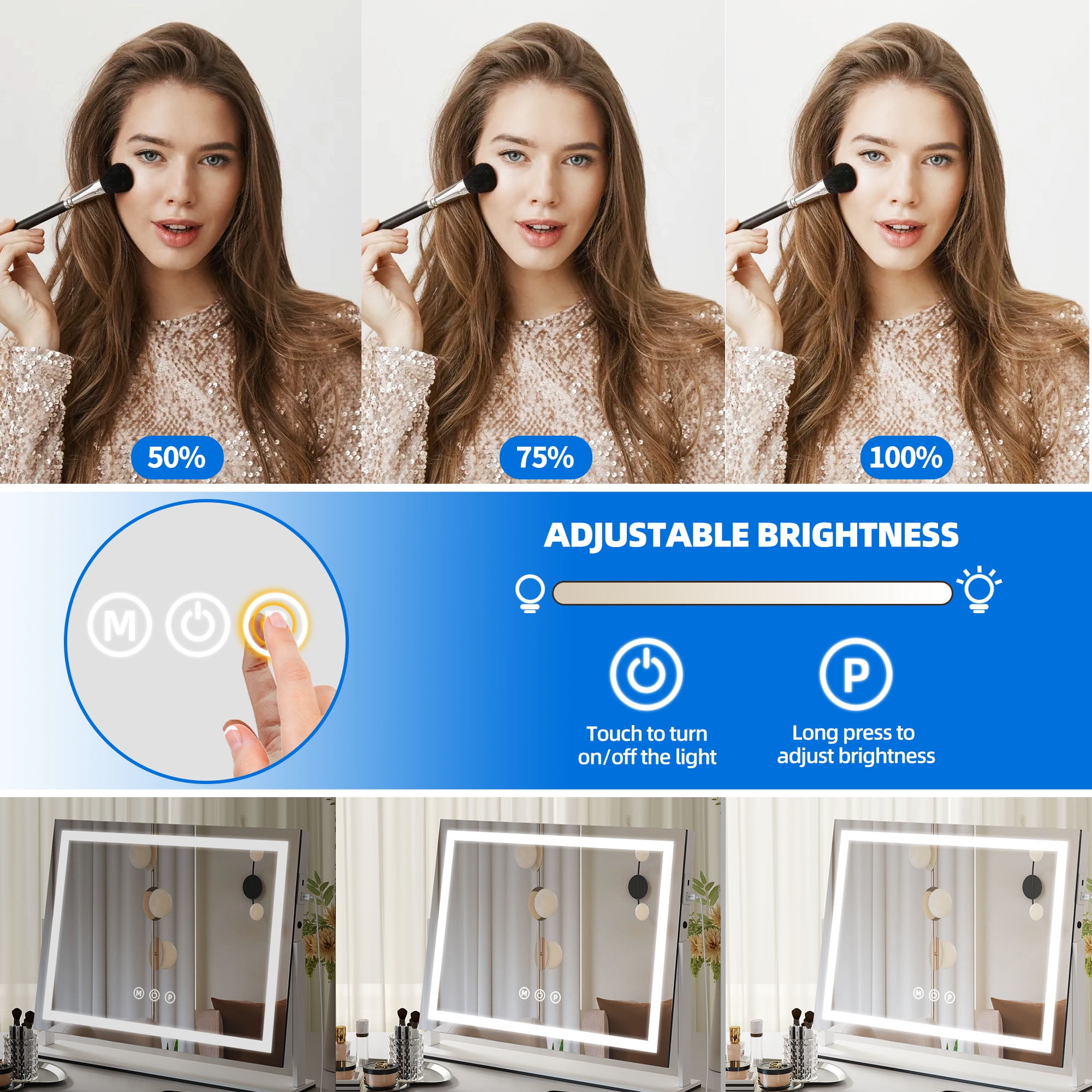 Dextrus Vanity Mirror with Lights, 24.6" x 22.8" LED Makeup Mirror with USB Ports & 10X Magnification, 3 Color Lights Touch Control, Tabletop or Wall Mount , 360°Rotation