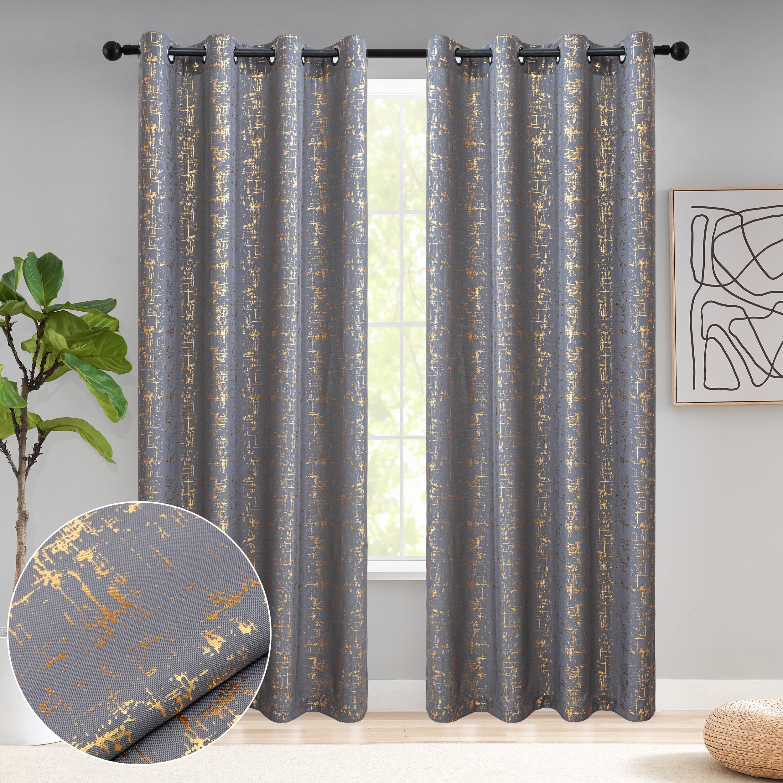Taisier Home Gold Foil Print Linen Textured Curtains Geometric Dots