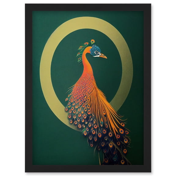 Glamorous Stylish Chic Modern Peacock Illustration Green Gold Orange Artwork Framed Wall Art Print A4