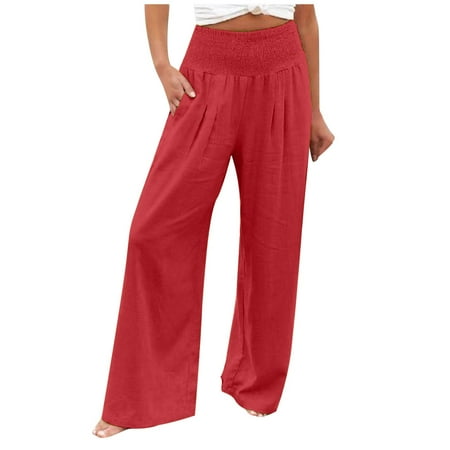 

Womens Casual Pants High Waist Wide Leg Palazzo Smoked Elastic Waist Loose And Comfortable Casual Pajama Pockets Solid Cotton And Hemp Womens Casual Pants