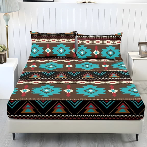 COEQINE Twin Size Sheet Set Soft Wrinkle Free 3 Pieces Bed Sheets Set with Deep Pocket Bedsheet & Pillowcases Home Decor for Twin Size Bed, Southwest American Tribal Brown Teal