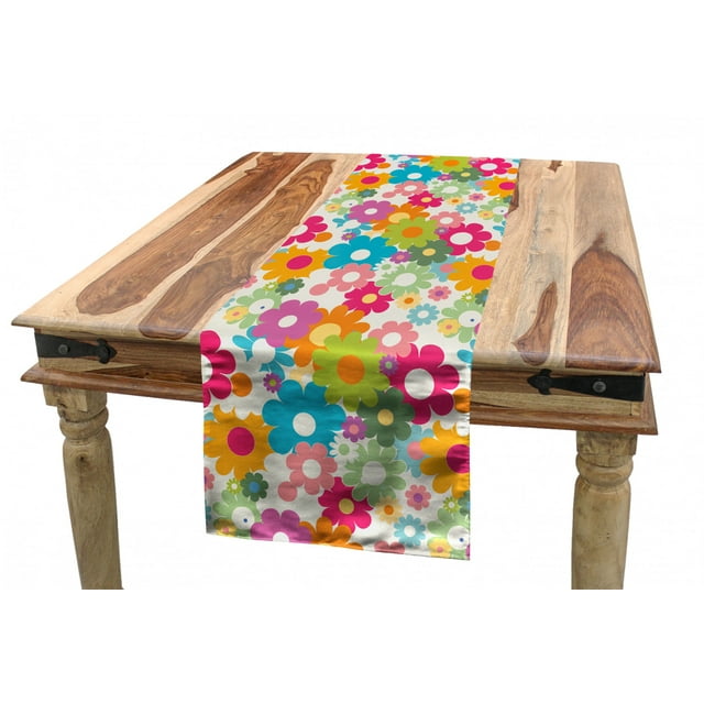 Floral Table Runner, Rainbow Colored Vivid Image Sixties Inspired Blooming Nature Symmetrical Pattern, Dining Room Kitchen Rectangular Runner, 3 Sizes, by Ambesonne