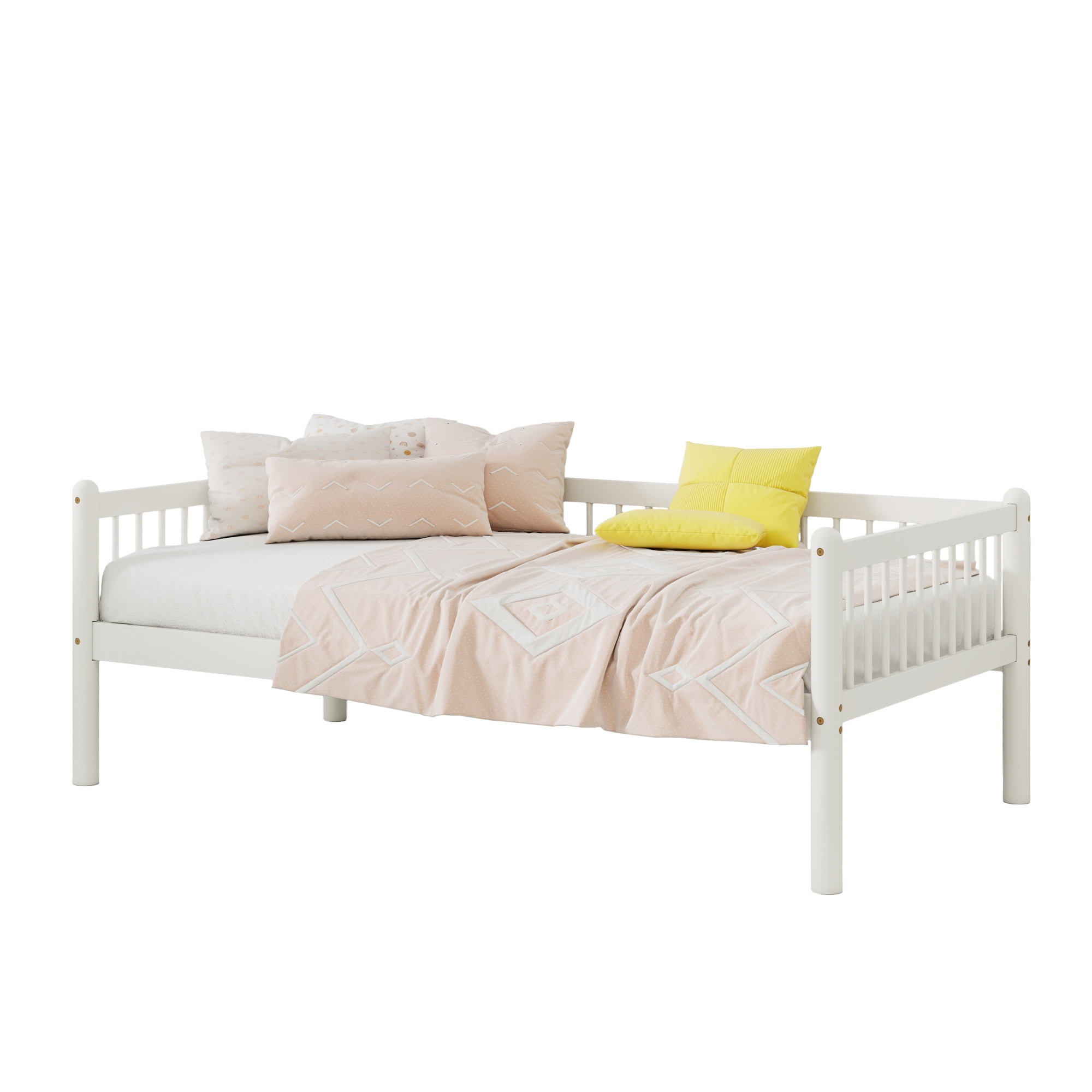 HOQBN Twin Size Pine Wood Daybed, Sofa Bed Frame with 3-Side Guardrails and 10 Support Slats for Bedroom, White
