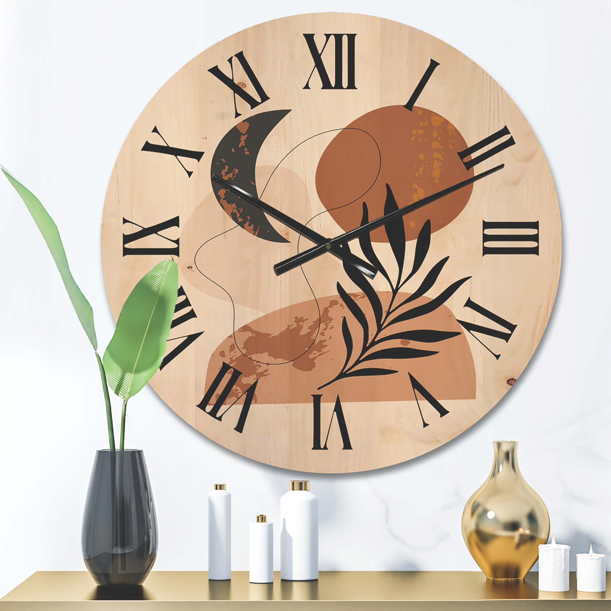 Designart 'Sun and Moon Shapes In Retro Terracotta Tones I' Modern Wood Wall Clock